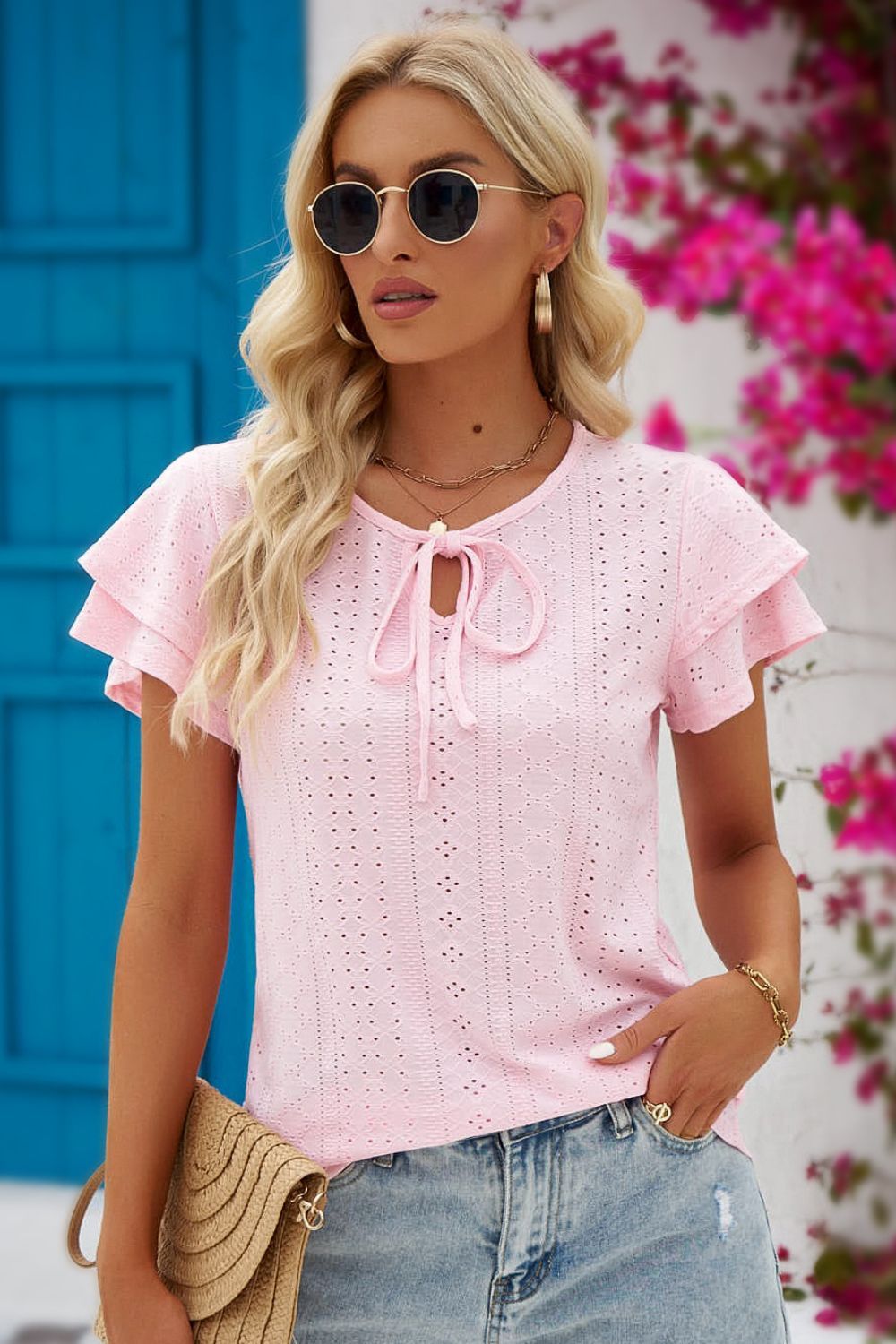 Women Eyelet Tie-Neck Flutter Sleeve Blouse nicholesgifts