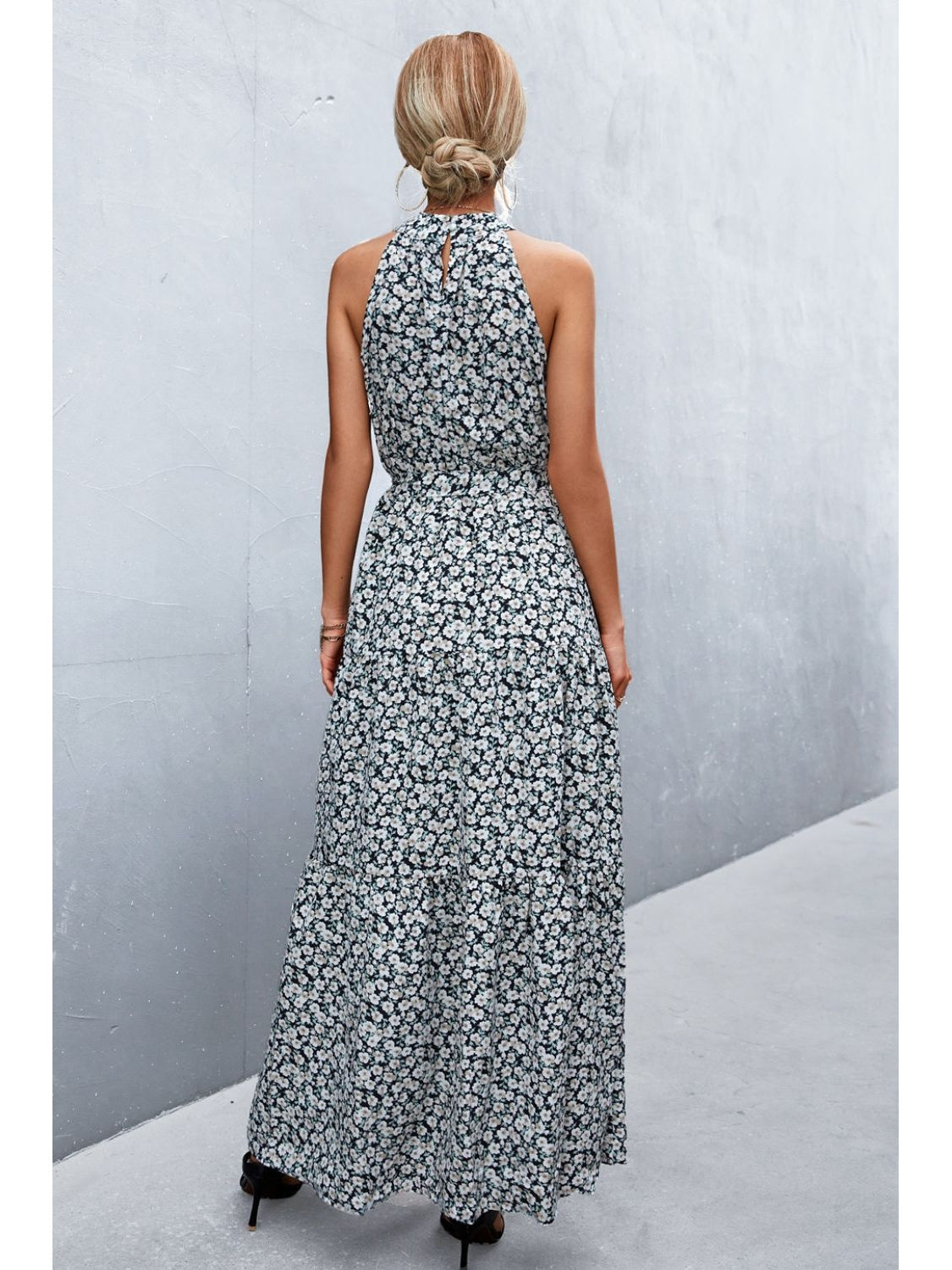 Women Printed Sleeveless Tie Waist Maxi Dress nicholesgifts