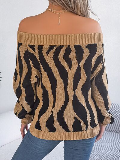 Women Off-Shoulder Animal Print Long Sleeve Sweater nicholesgifts