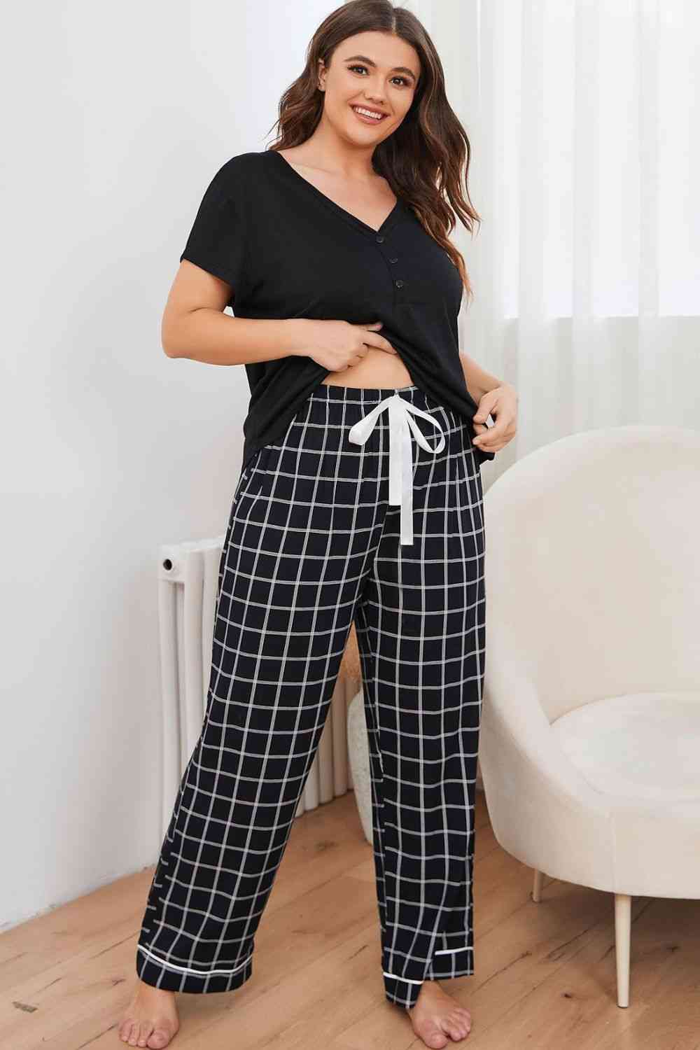 Women Plus Size V-Neck Top and Plaid Pants Lounge Set nicholesgifts