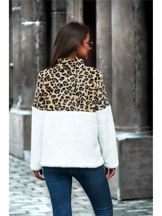 Women White Leopard Color Block Half-Zip Collar Teddy Long Sleeve Sweatshirt nicholesgifts