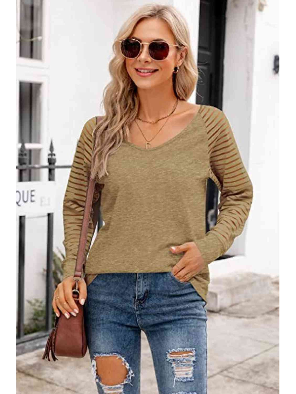 Women V-Neck Long Raglan Sleeve Top nicholesgifts