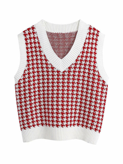 Women Houndstooth V-Neck Sweater Vest nicholesgifts