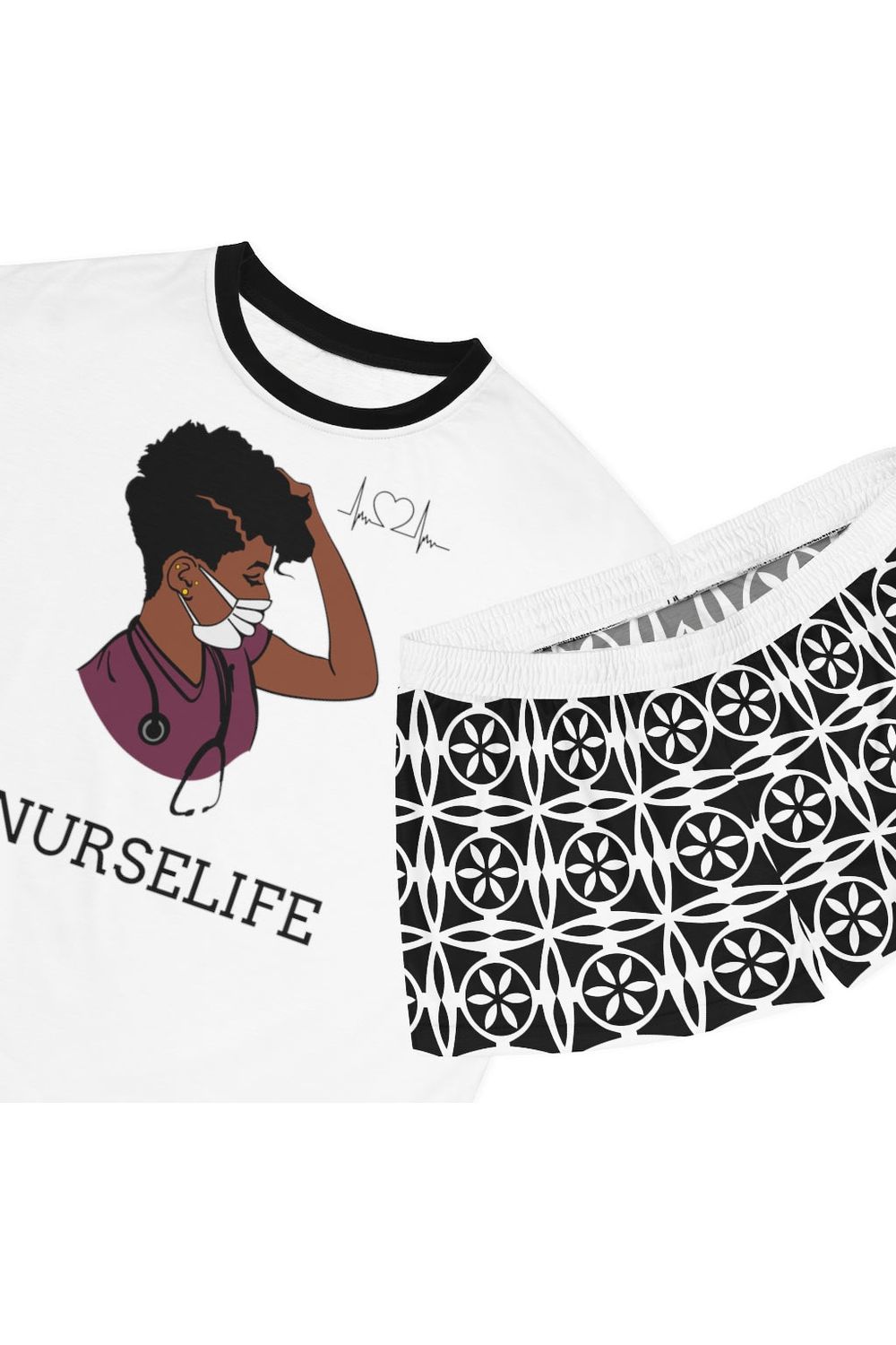 Women's Black and White Shorts Nurse Life Short Pajama Set