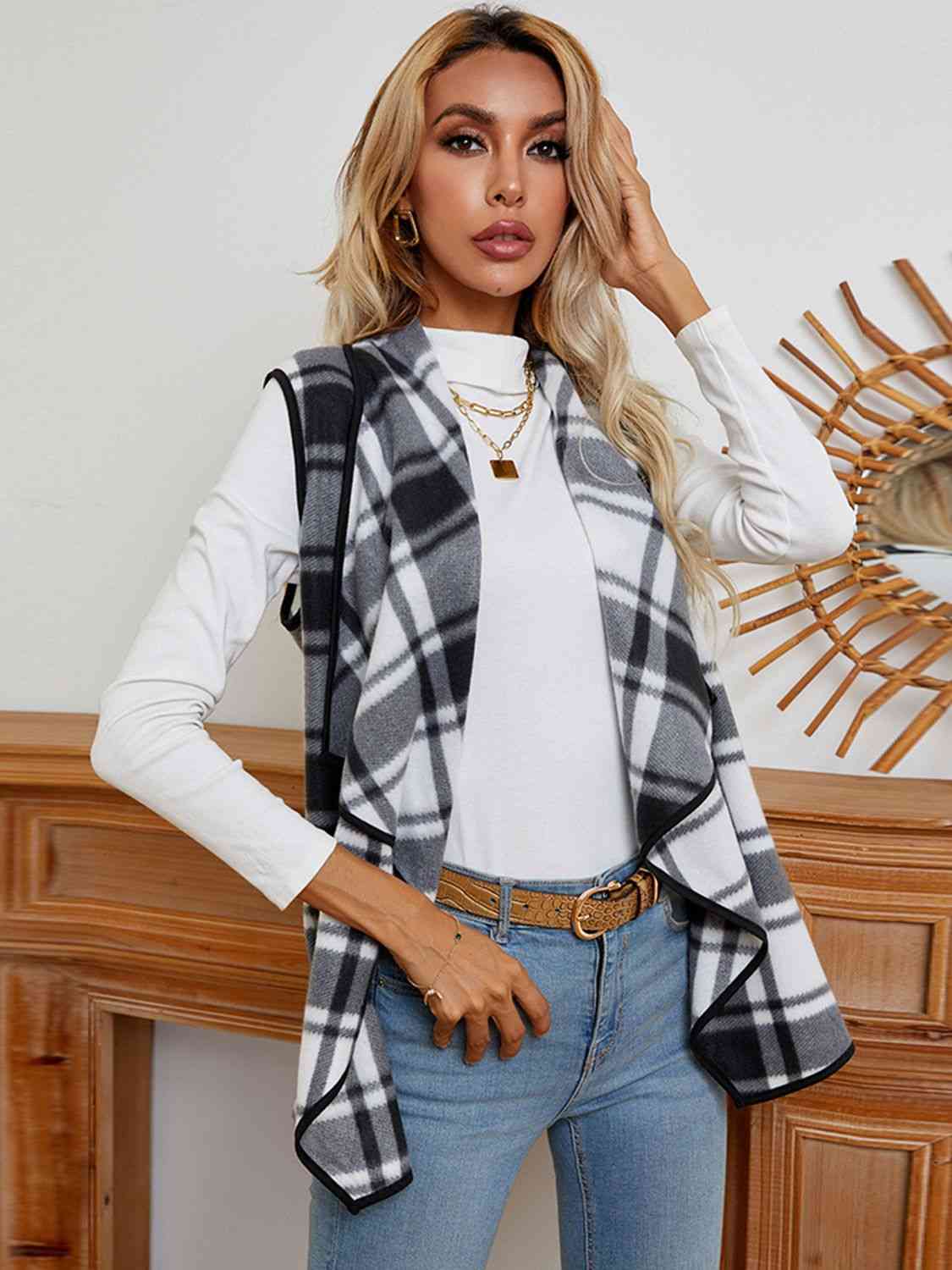 Women Plaid Open Front Vest nicholesgifts