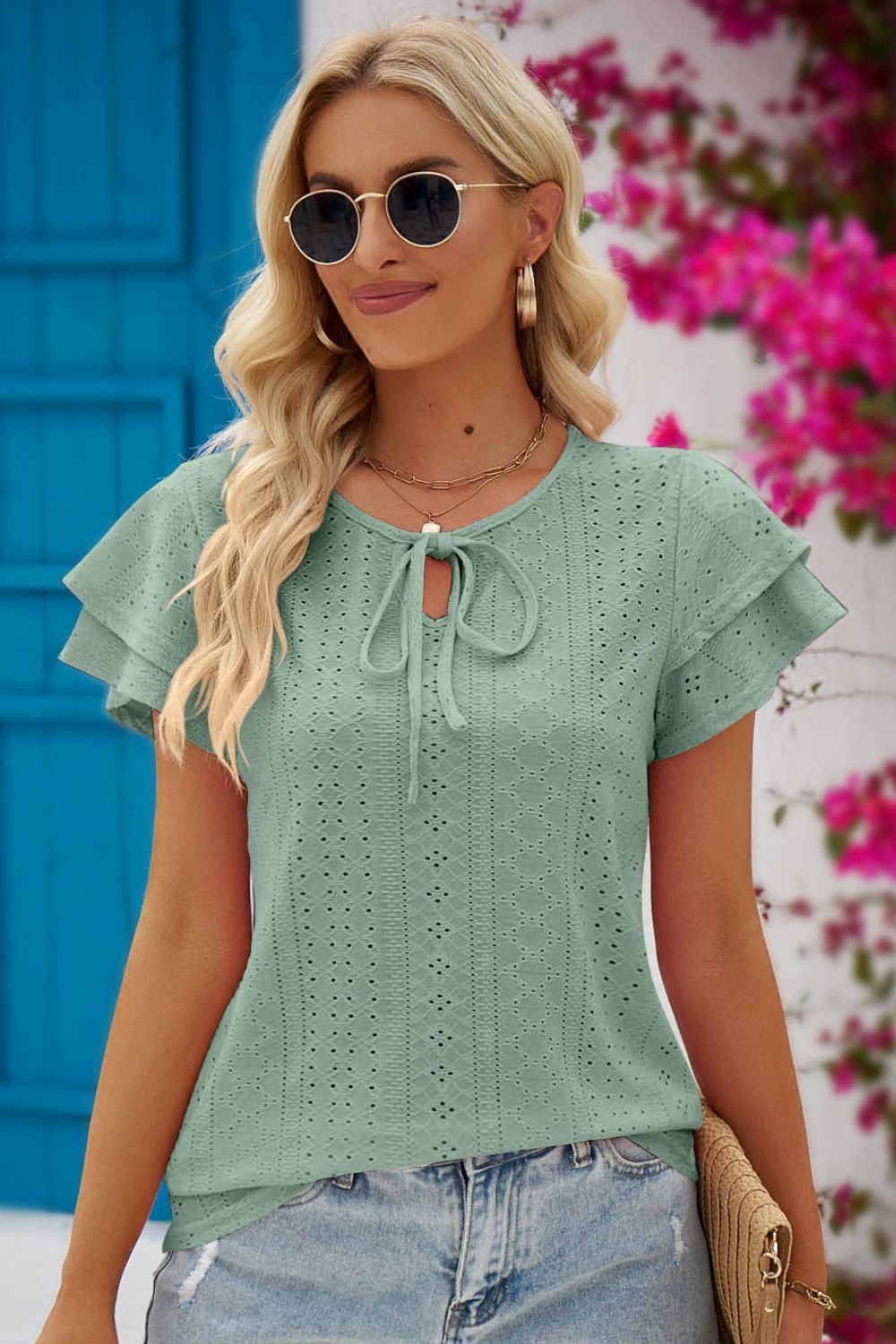 Women Eyelet Tie-Neck Flutter Sleeve Blouse nicholesgifts