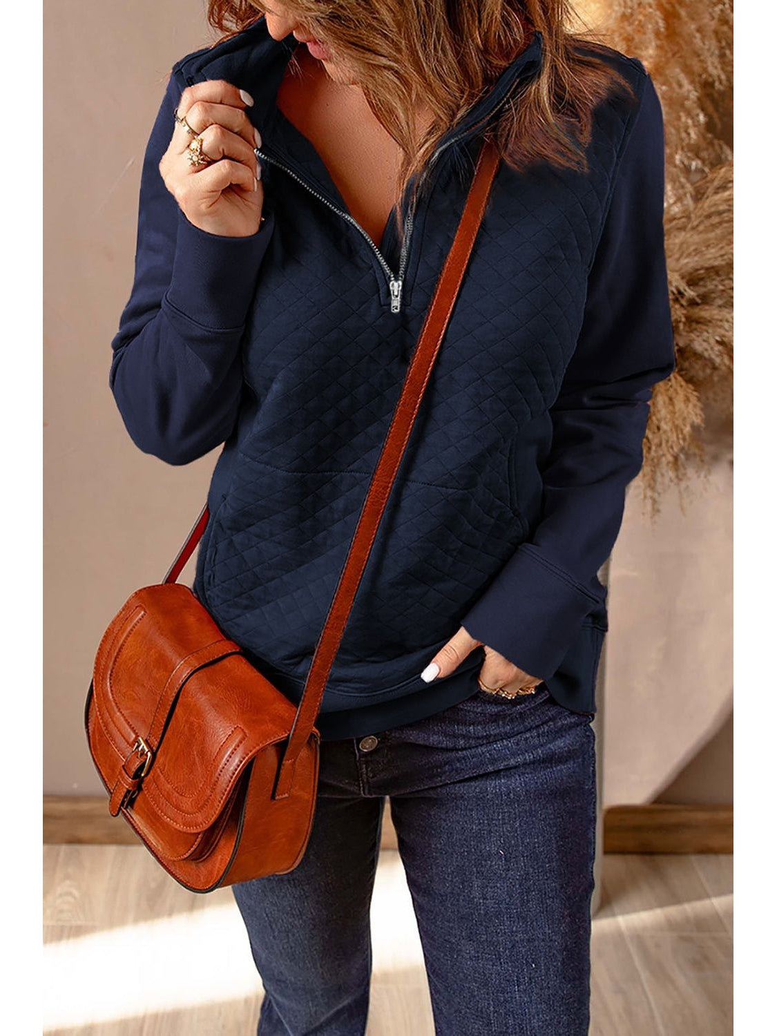 Women Quarter-Zip Quilted Sweatshirt with Kangaroo Pocket nicholesgifts