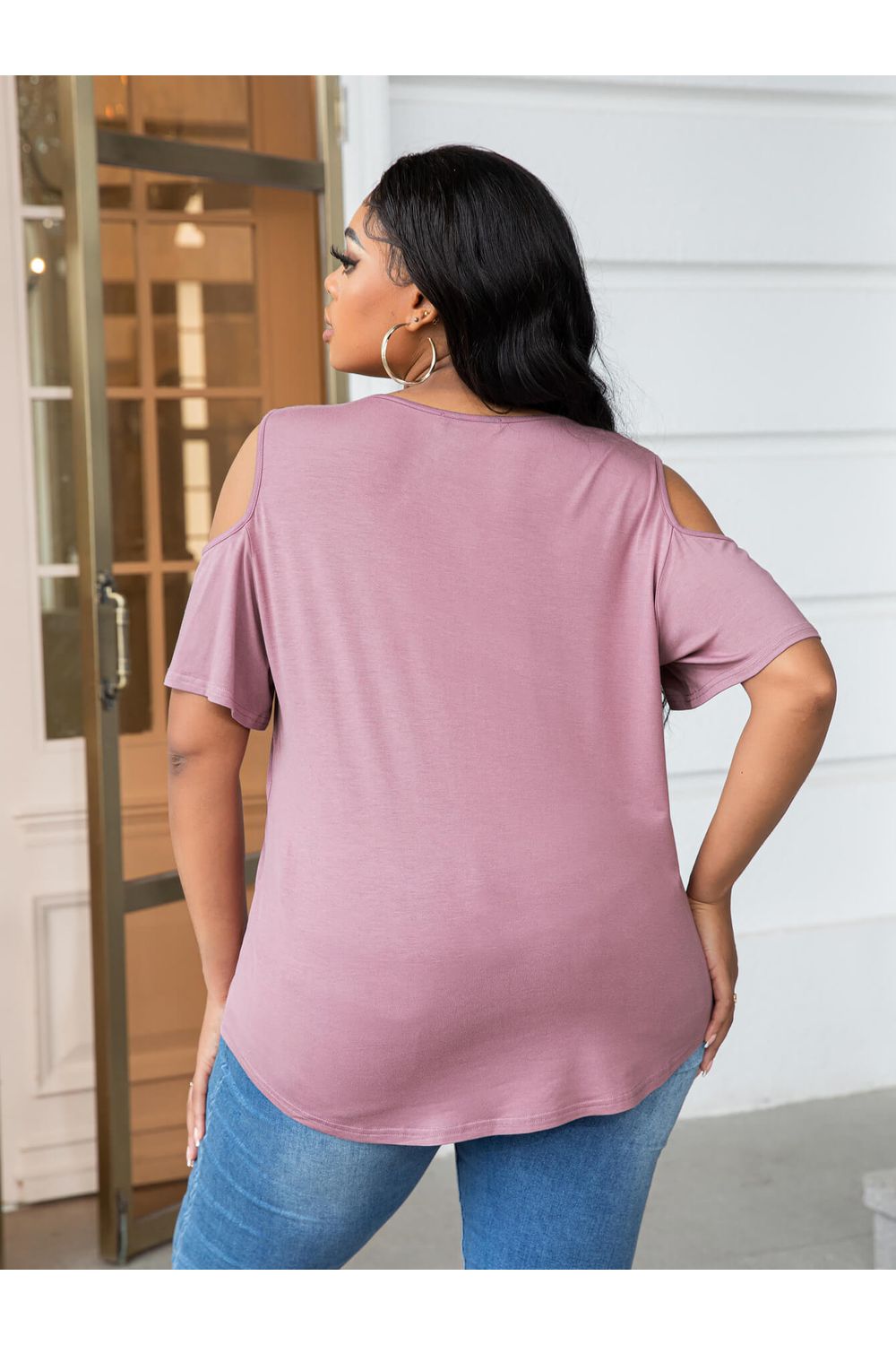 Plus Size Women Pink Cold-Shoulder Round Neck Curved Hem Tee - NicholesGifts.online