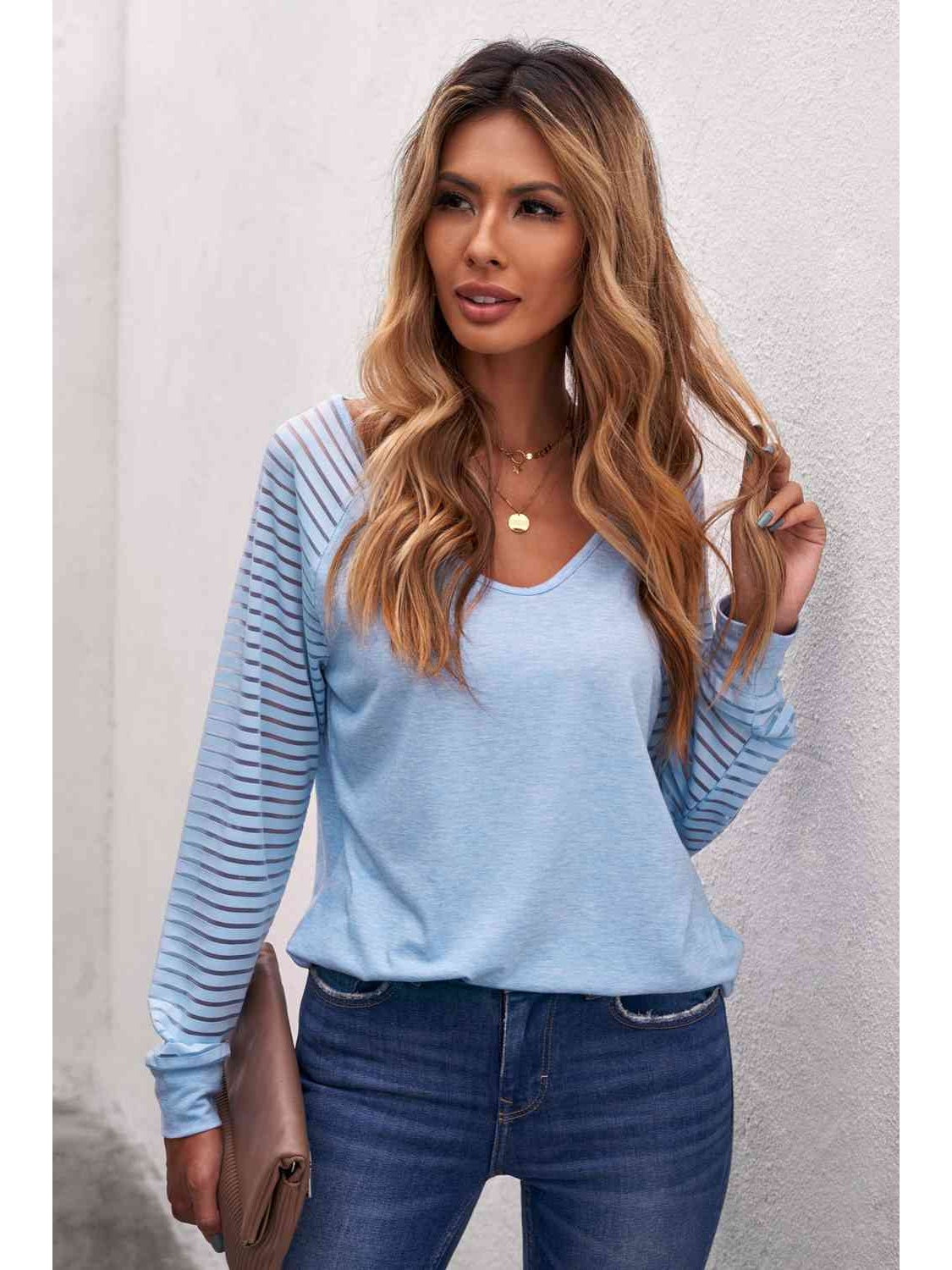 Women Sheer Striped V-Neck Top nicholesgifts