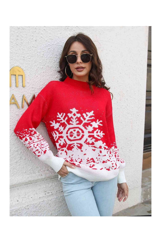 Women Snowflake Pattern Mock Neck Sweater nicholesgifts