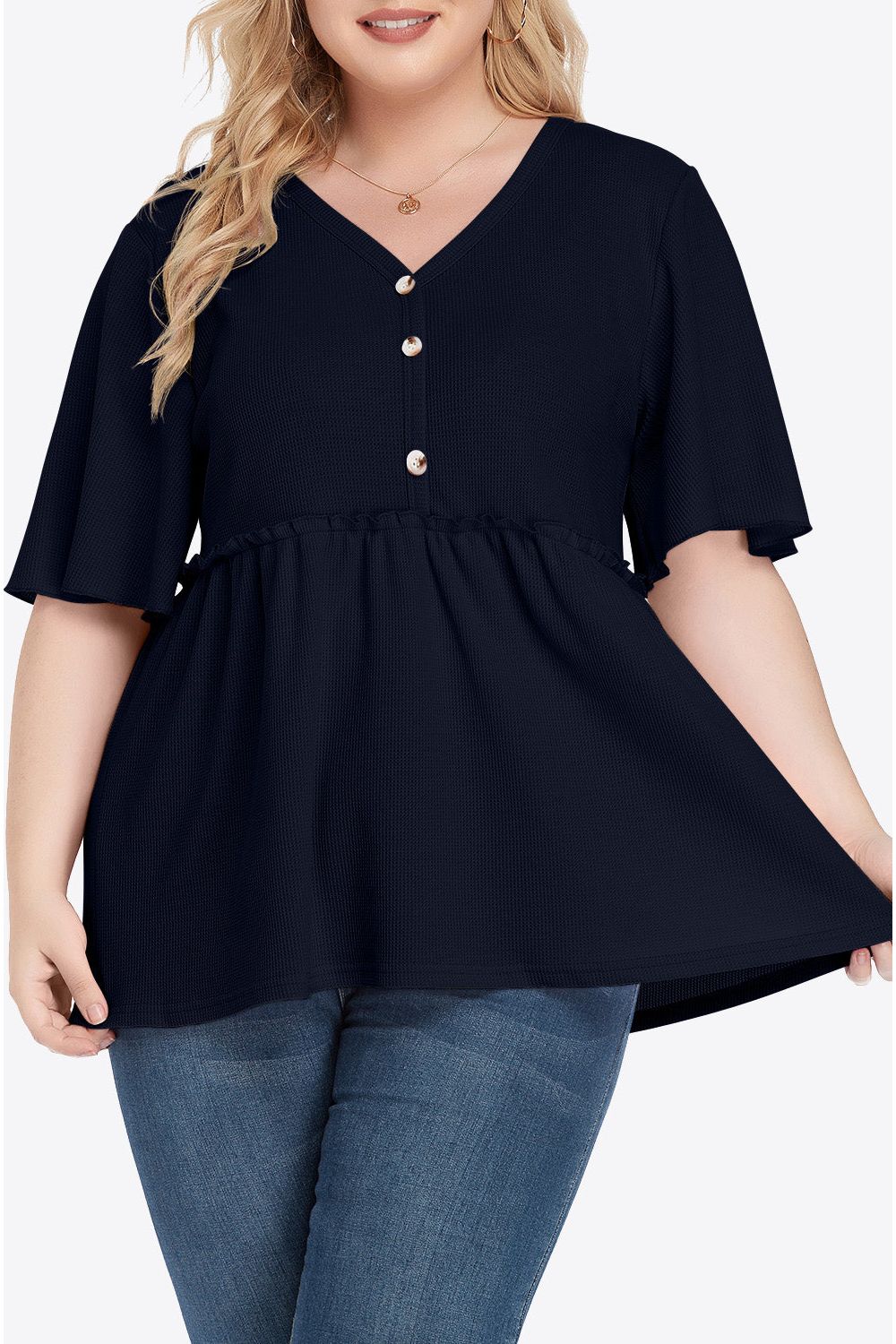 Plus Size Women Buttoned V-Neck Frill Trim Babydoll Blouse nicholesgifts