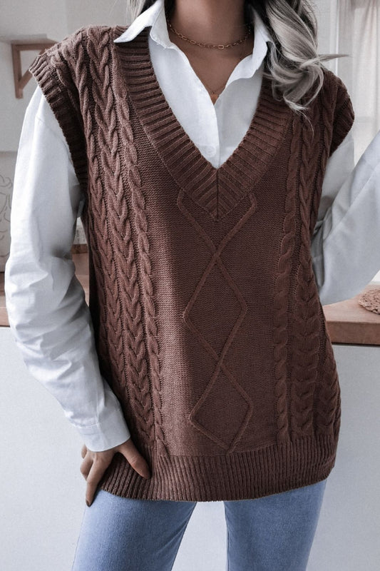 Women Cable-Knit Ribbed V-Neck Sweater Vest - NicholesGifts.online