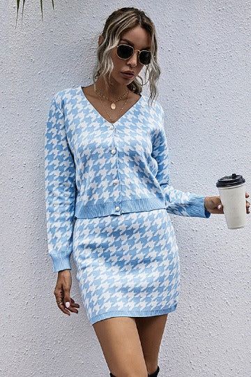 Women Houndstooth Button Front Sweater and Skirt Set