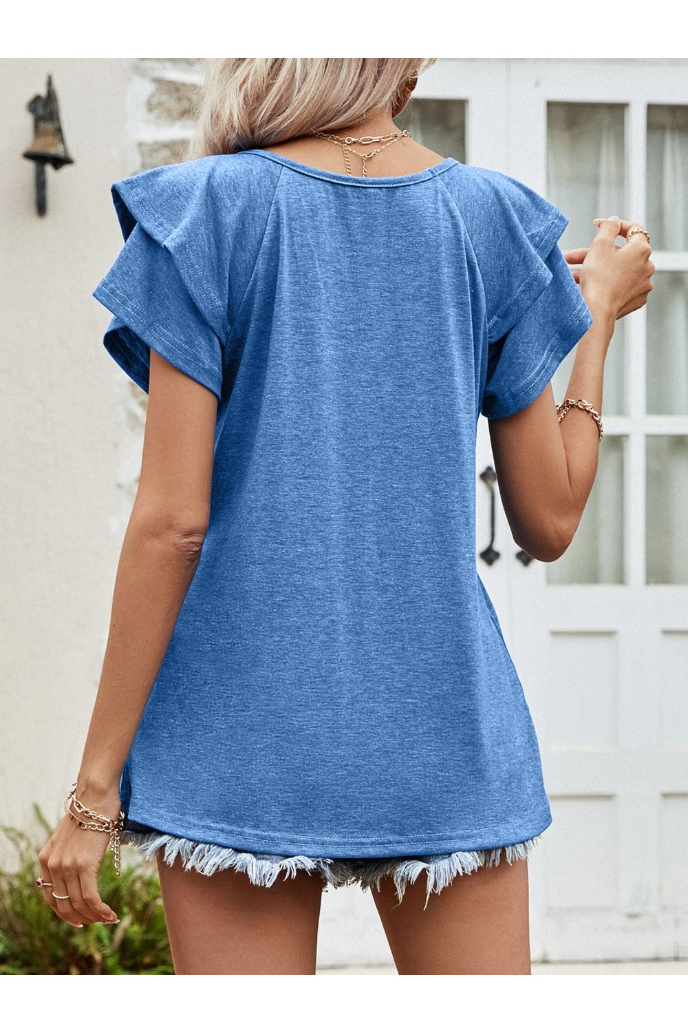 Women Layered Flutter Short Sleeve V-Neck Top nicholesgifts