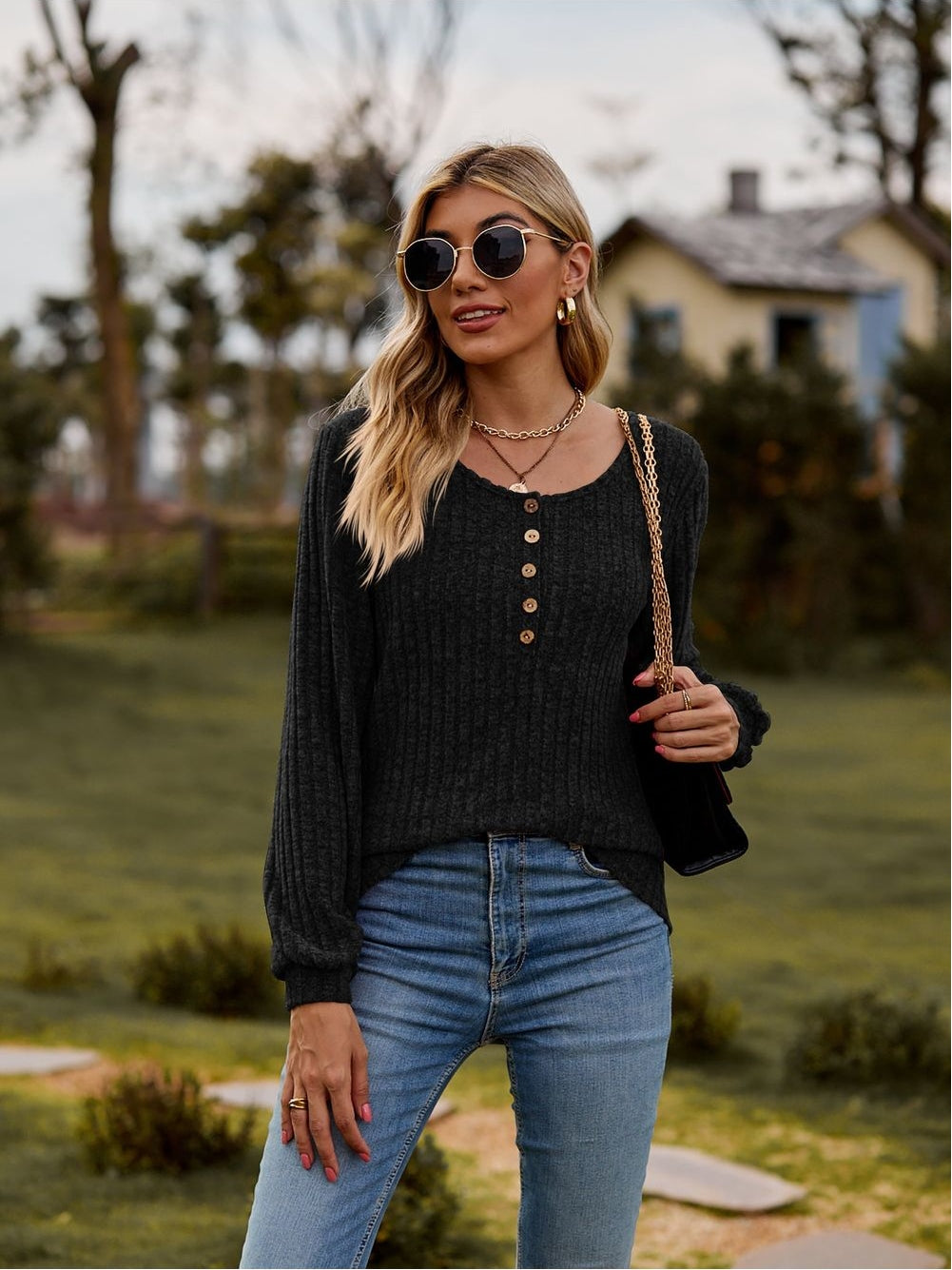 Women Round Neck Button-Down Long Sleeve Tee nicholesgifts