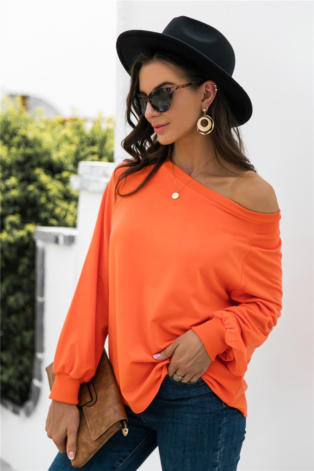 Women Round Neck Raglan Orange Long Sleeve Sweatshirt