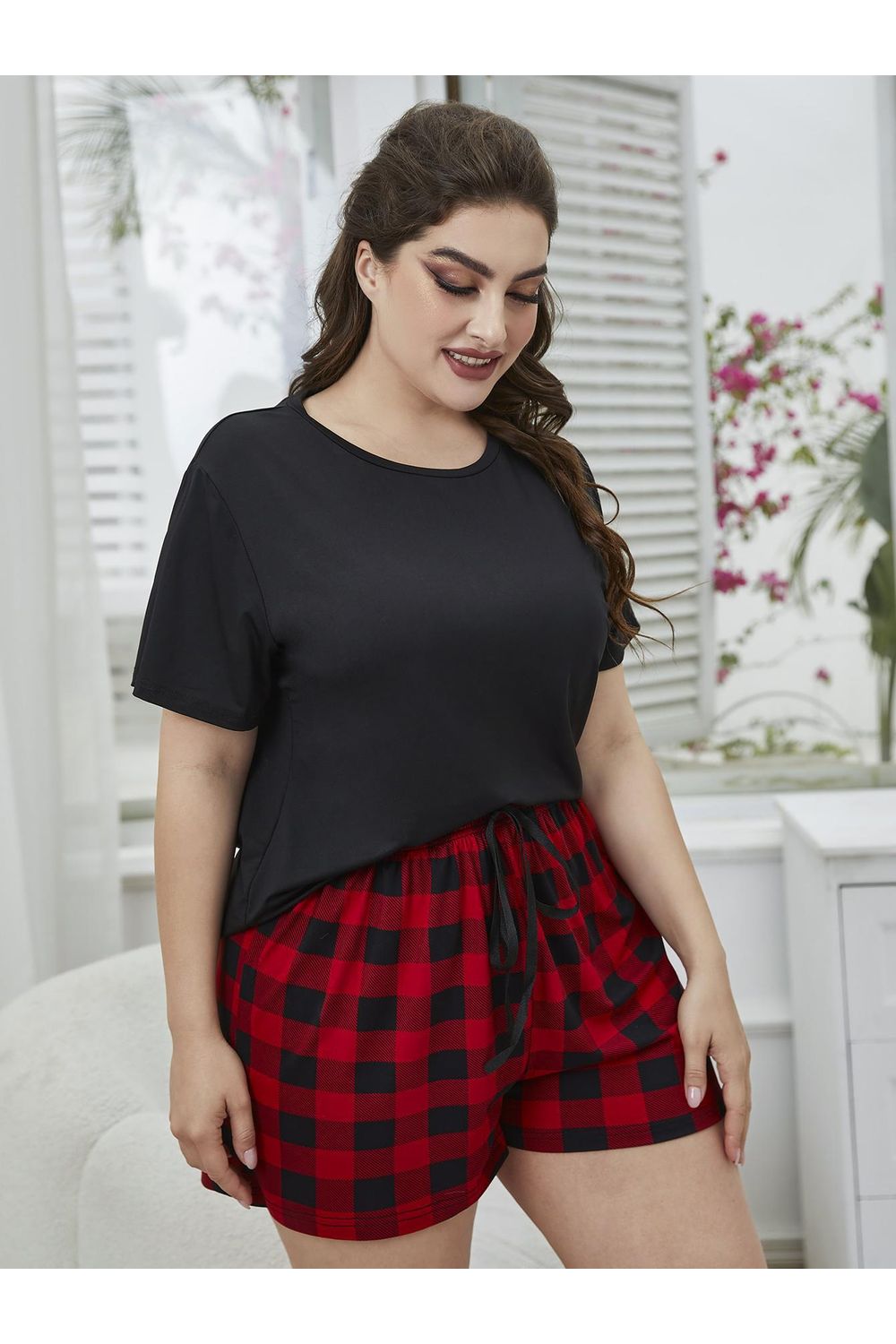 Plus Size Women Round Neck Tee Shirt and Plaid Shorts Lounge Set nicholesgifts