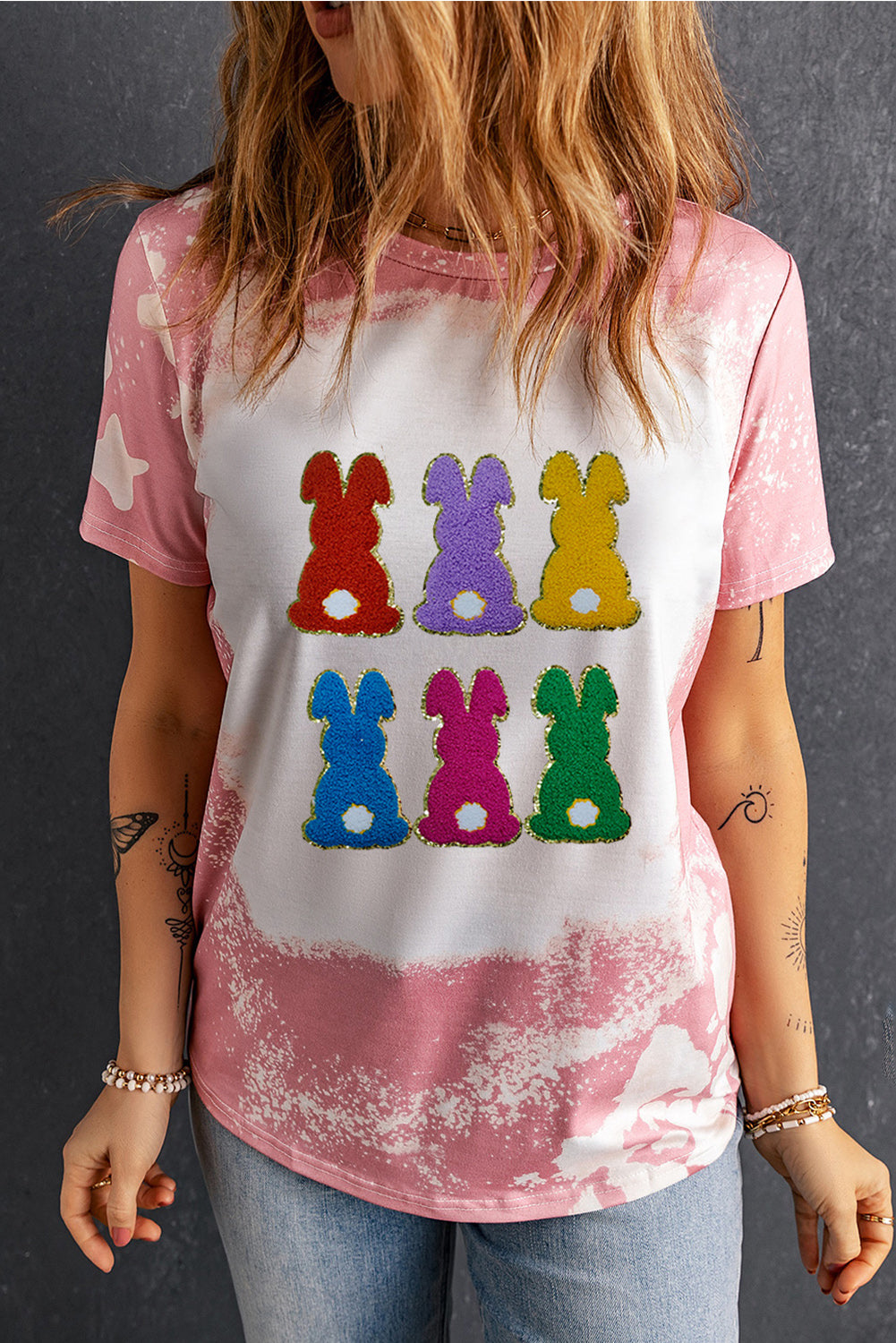 Women Rabbit Round Neck Short Sleeve Easter T-Shirt nicholesgifts