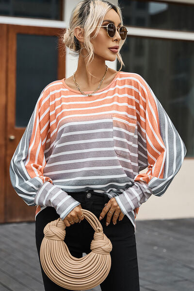 Women Pocketed Striped Round Neck Batwing Sleeve T-Shirt