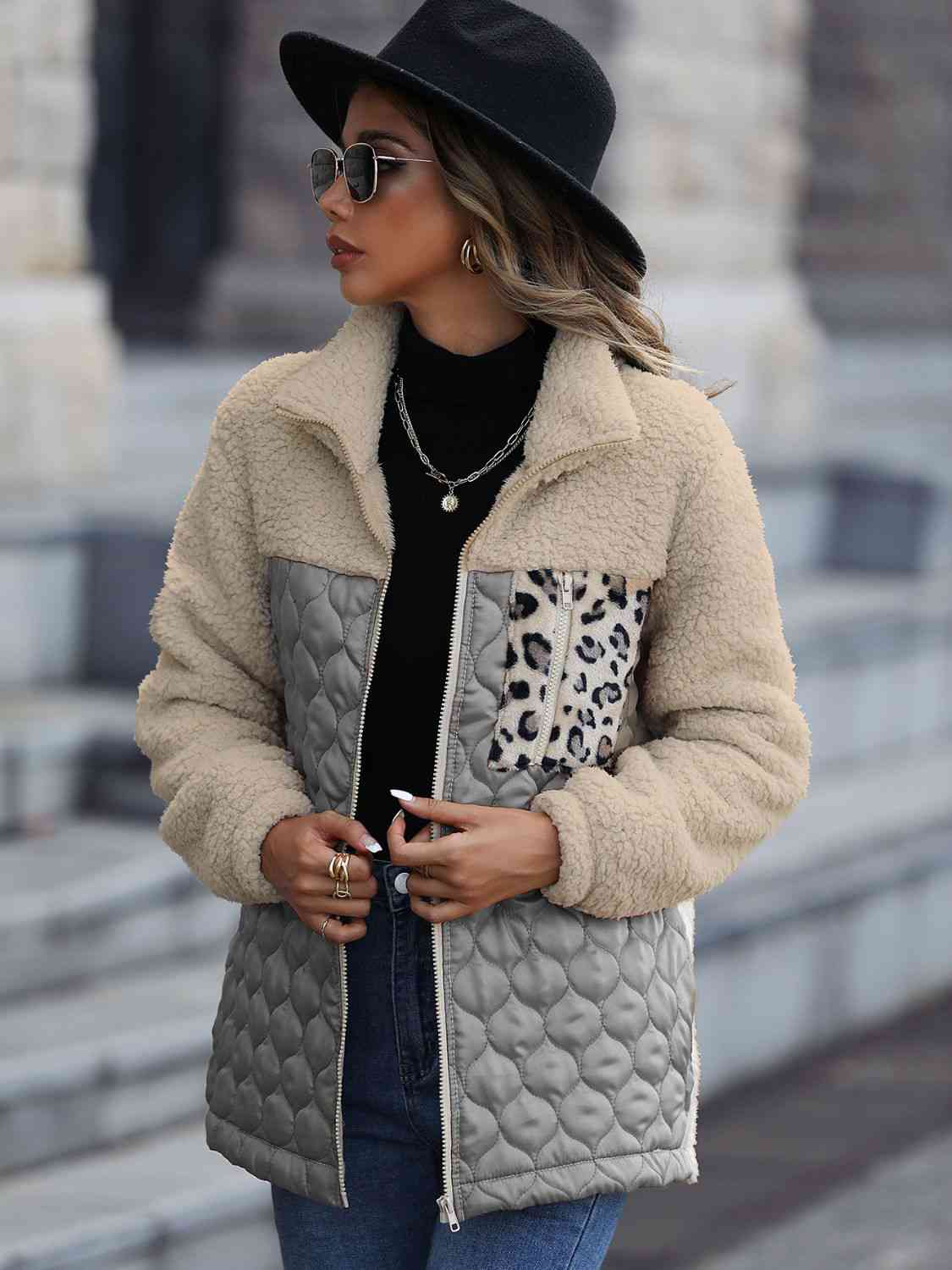 Women Leopard Color Block Zip-Up Jacket nicholesgifts