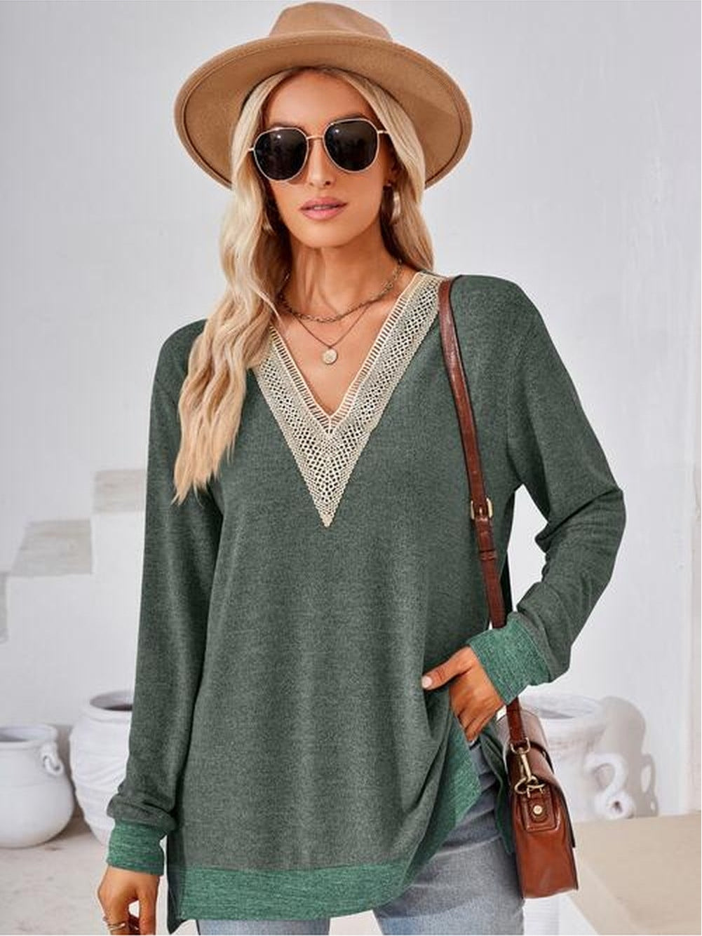 Women Crochet Contrast V-Neck Long Sleeve Slit T-Shirt nicholesgifts