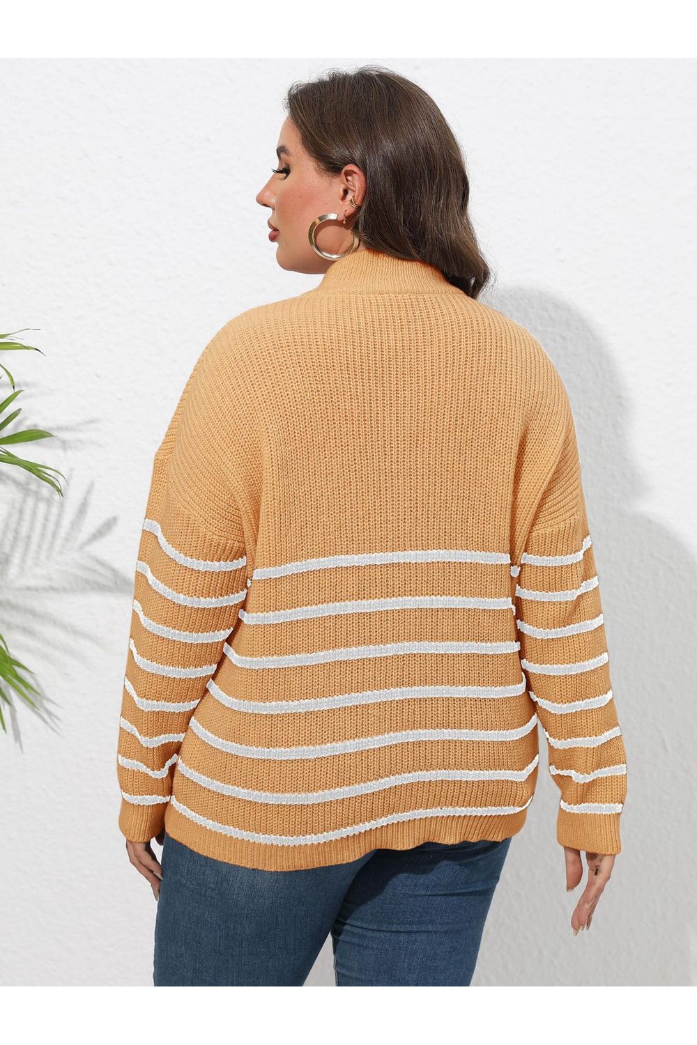 Plus Size Women Zip-Up Striped Sweater