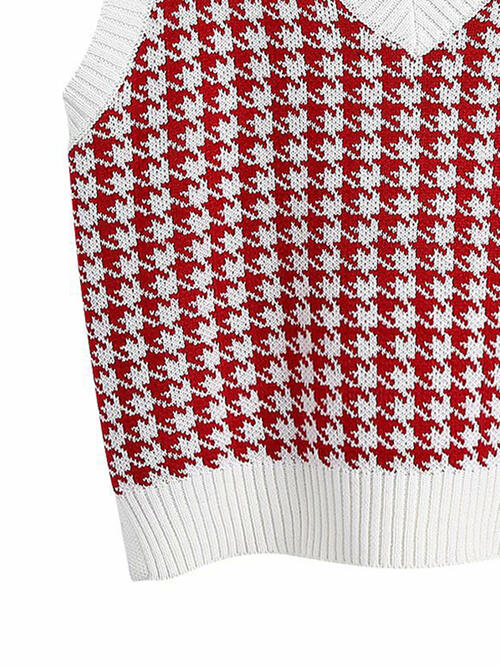 Women Houndstooth V-Neck Sweater Vest nicholesgifts