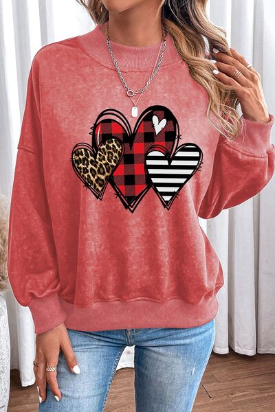 Women Heart Round Neck Dropped Shoulder Valentine's Day Sweatshirt nicholesgifts