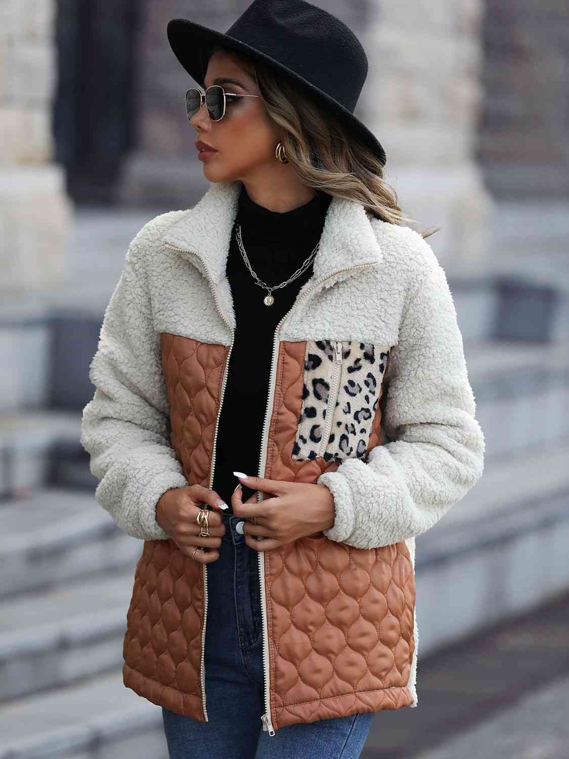 Women Leopard Color Block Zip-Up Jacket nicholesgifts