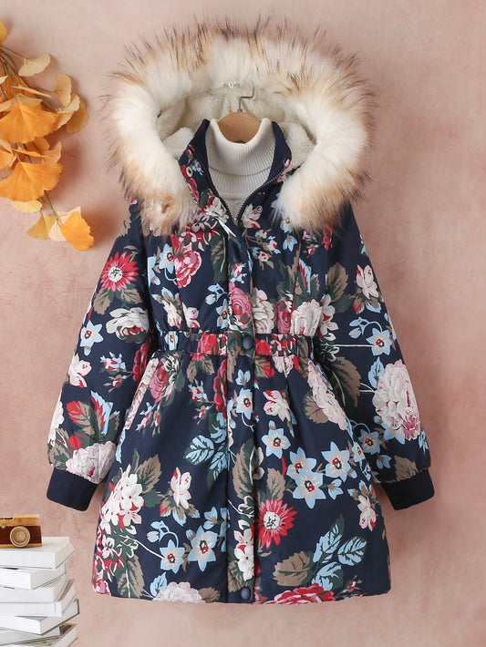 GirlsFloral Print Fuzzy Trim Hooded Parka Coat Without Sweater
