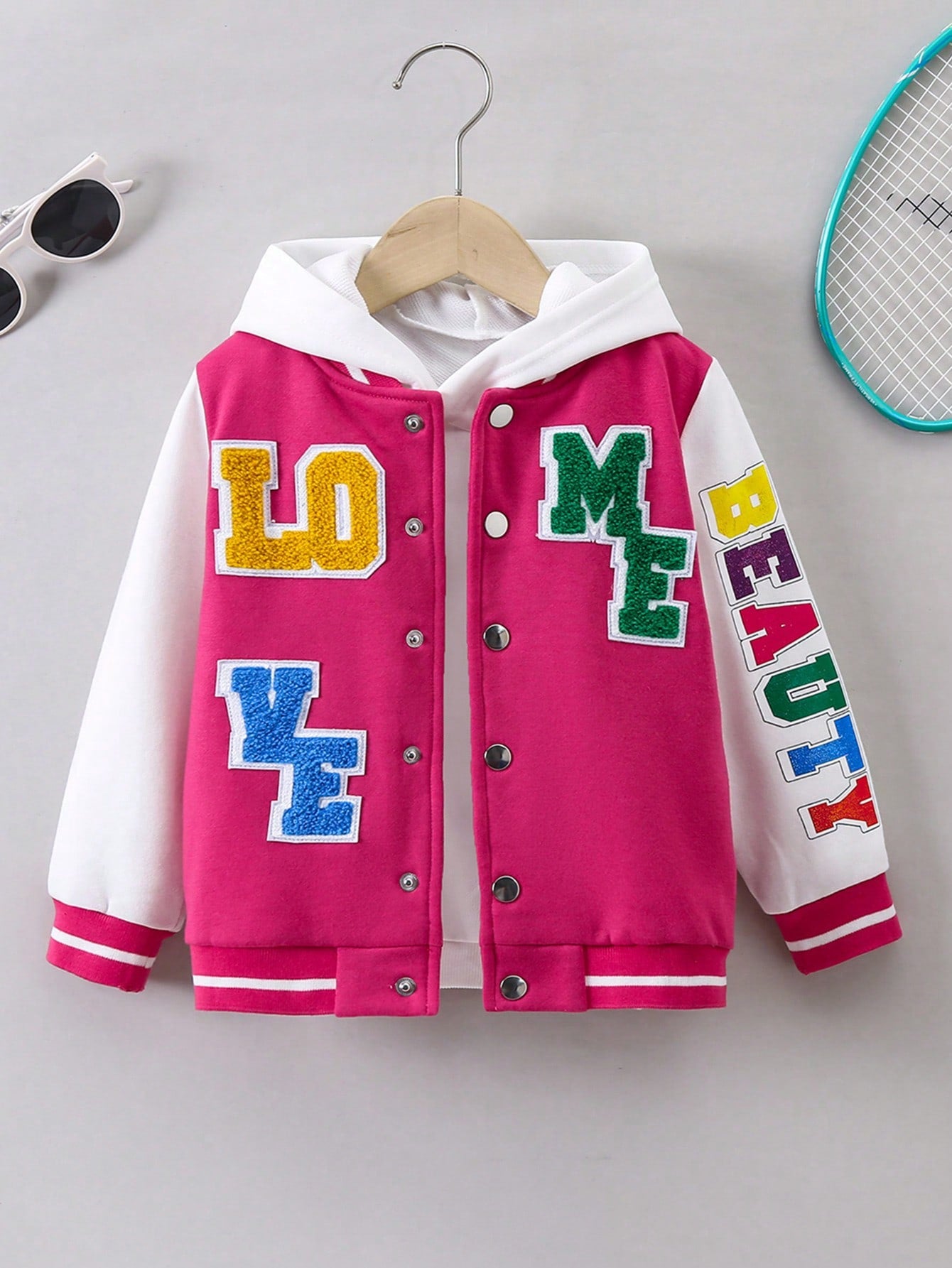 Girls Letter Graphic Striped Trim Varsity Jacket Without Hoodie