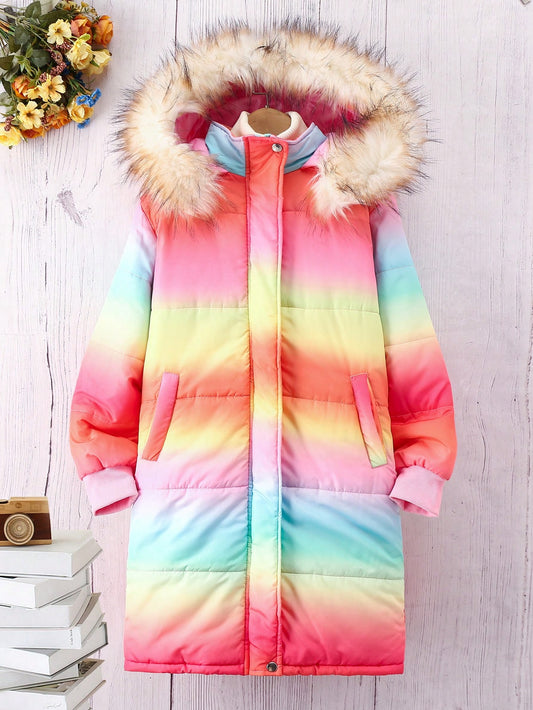 Girls Ombre Fuzzy Trim Hooded Puffer Coat