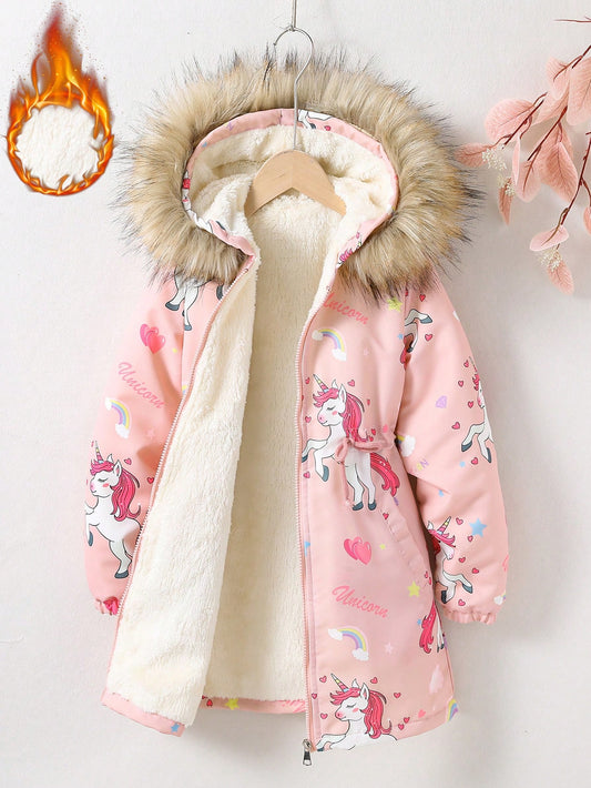 Girls Unicorn Print Fuzzy Trim Hooded Thermal Lined Coat