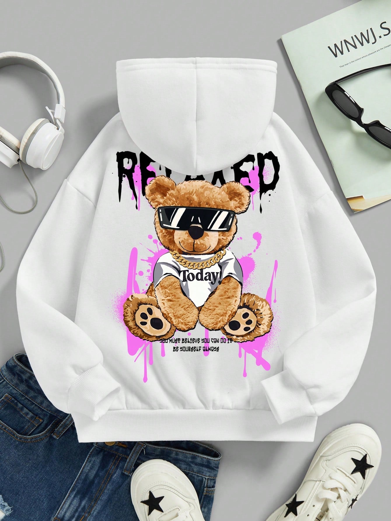 Girls Relaxed Today Cartoon Bear Letter Pattern Long-Sleeved Hoodie