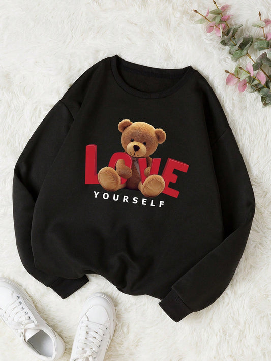 Girls Bear Letter Printed Love Yourself Fleece Sweatshirt