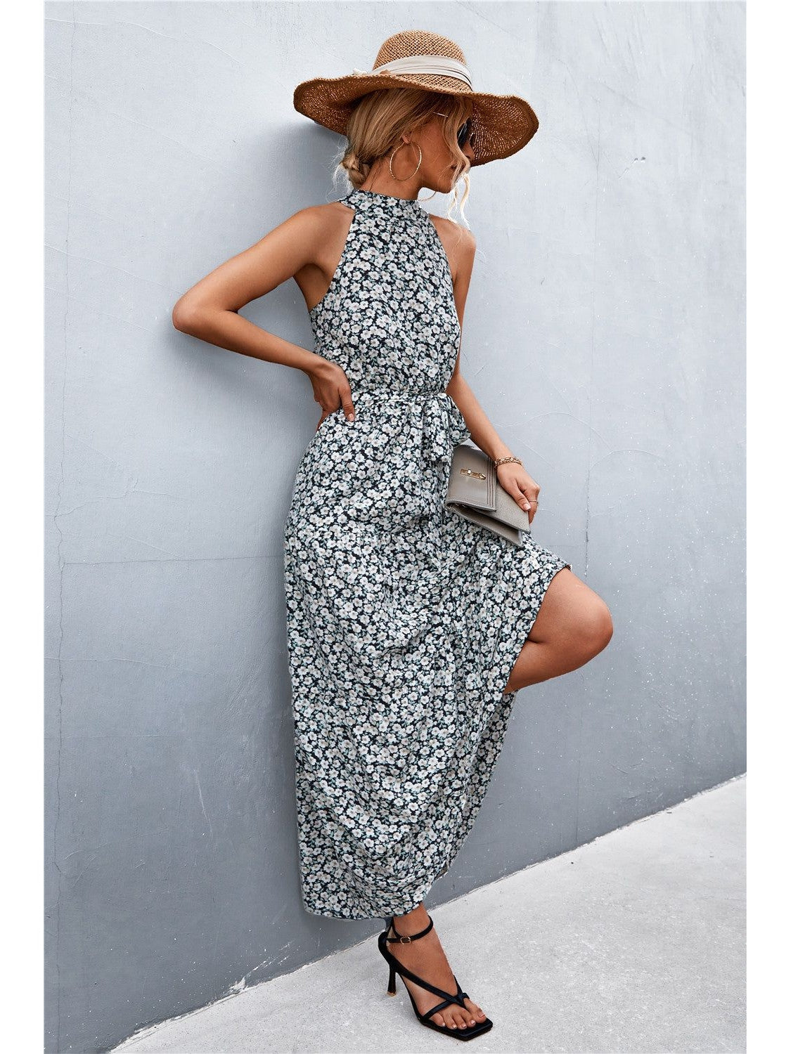 Women Printed Sleeveless Tie Waist Maxi Dress nicholesgifts