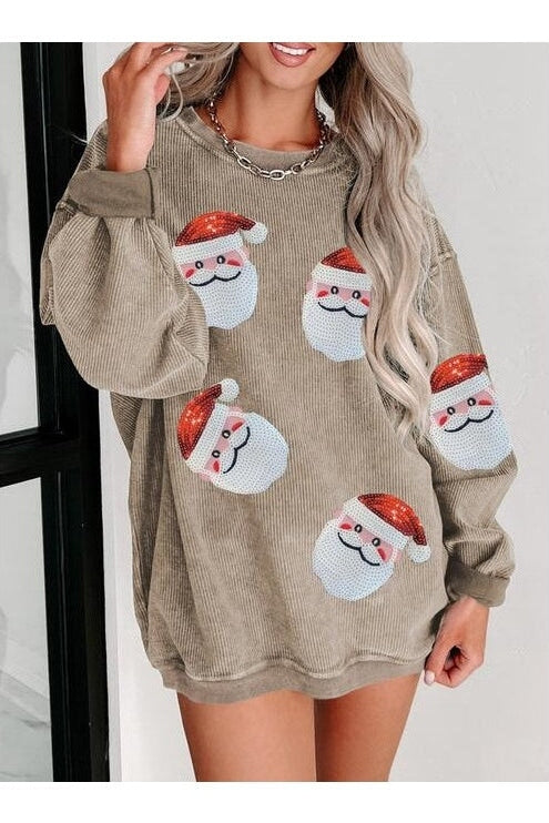 Women Sequin Santa Patch Ribbed Christmas Sweatshirt nicholesgifts