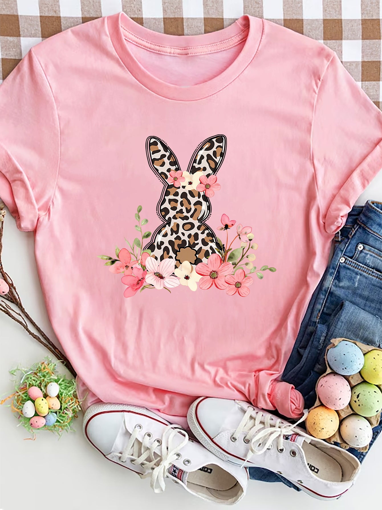 Women Rabbit Round Neck Short Sleeve Easter T-Shirt nicholesgifts