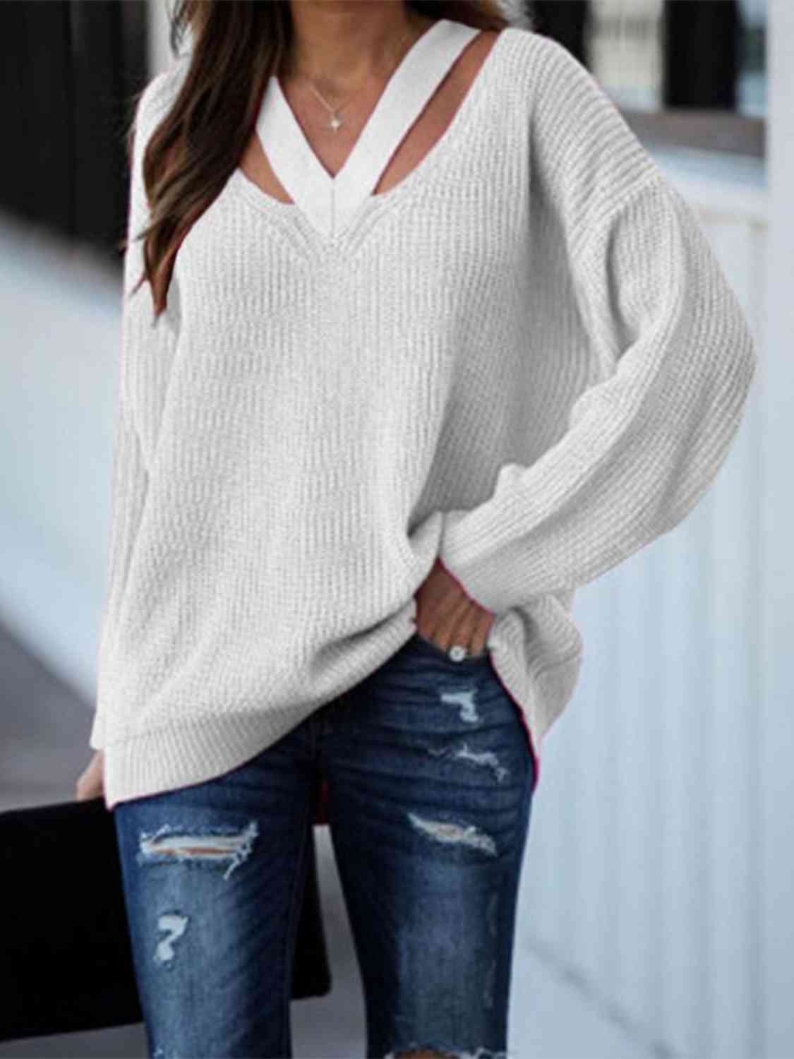 Full Size Women Cutout V-Neck Rib-Knit Sweater