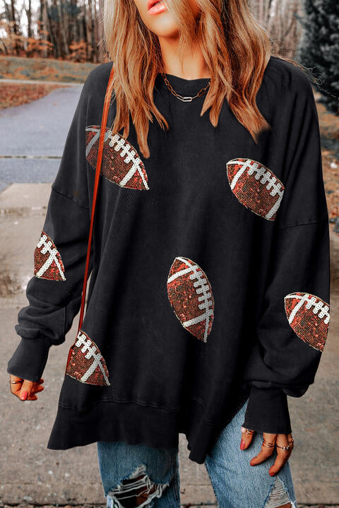 Women Sequin Football Patch Slit Sweatshirt