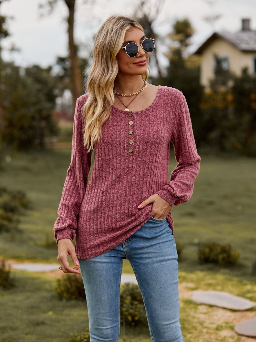 Women Round Neck Button-Down Long Sleeve Tee nicholesgifts