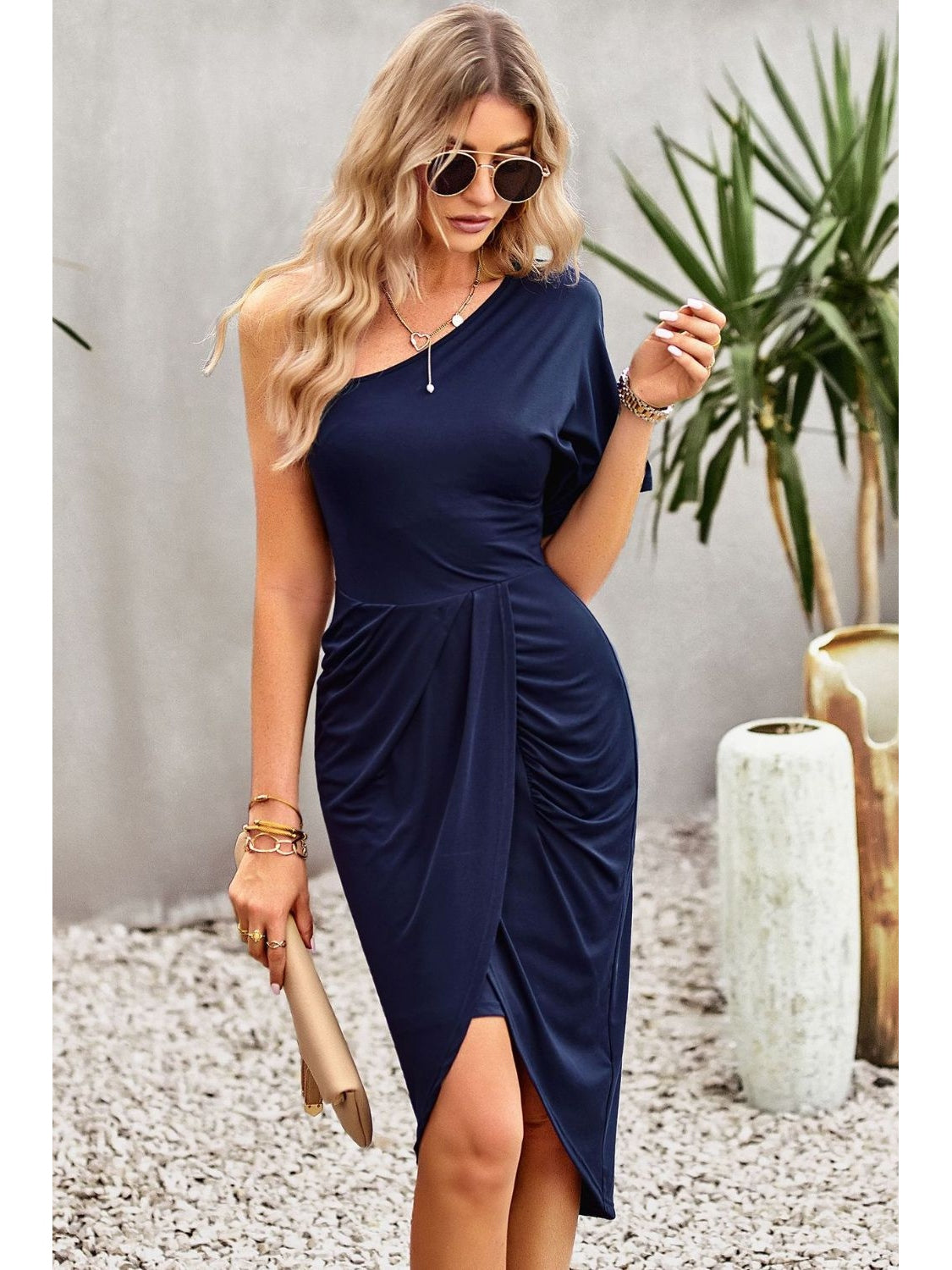 Women Ruched One-Shoulder Tulip Hem Dress nicholesgifts