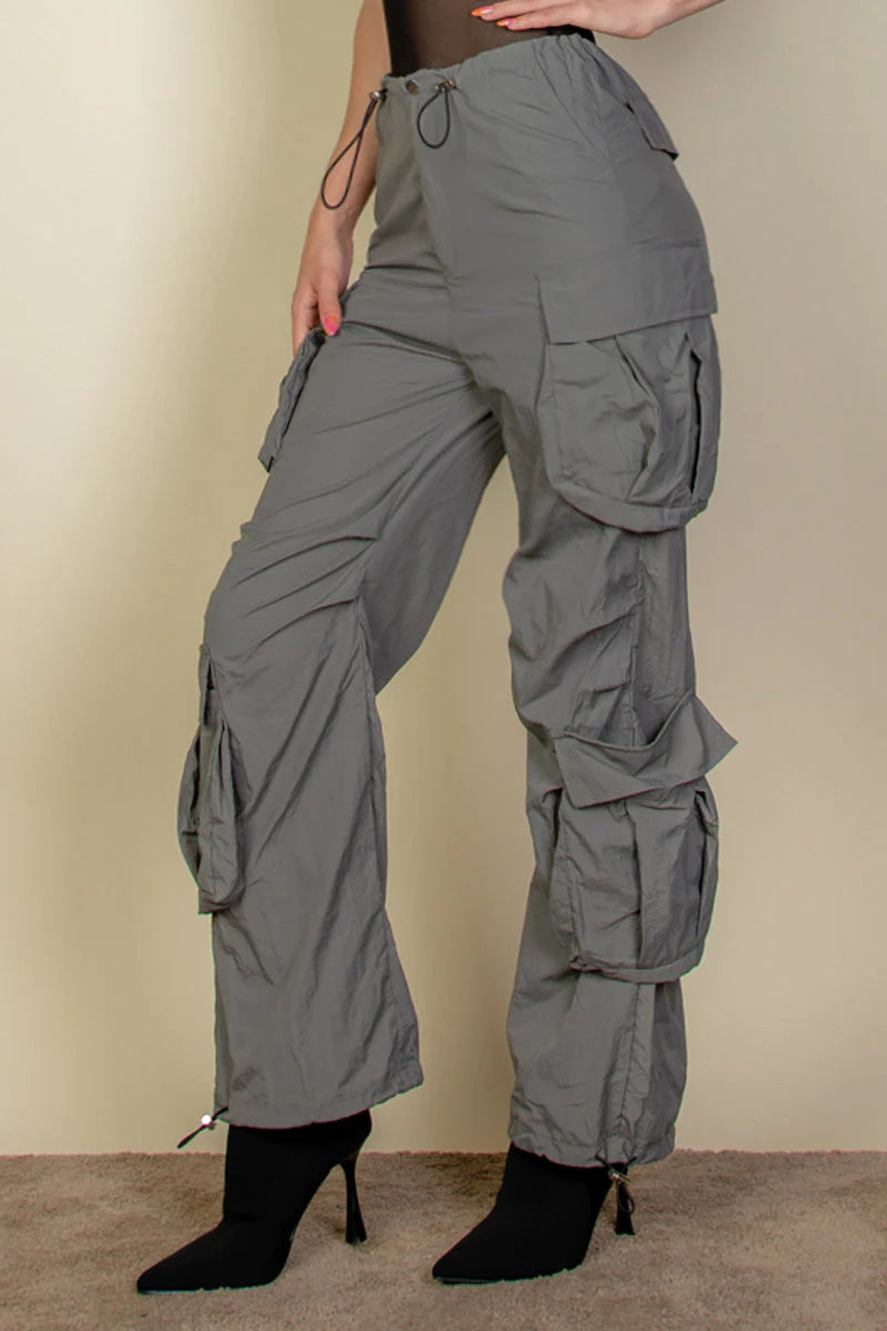 Women Flap Pockets Drawstring Ruched Parachute Pants nicholesgifts