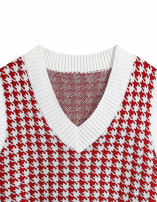 Women Houndstooth V-Neck Sweater Vest nicholesgifts