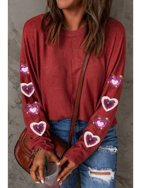 Women Heart Sequin Round Neck Long Sleeve Valentine's Day T-Shirt nicholesgifts