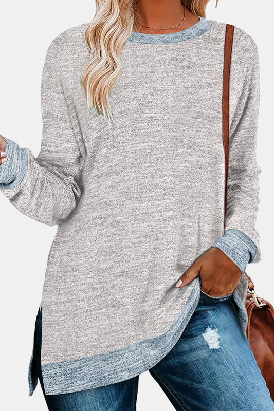 Women Round Neck Long Sleeve Slit T-Shirt - NicholesGifts.online