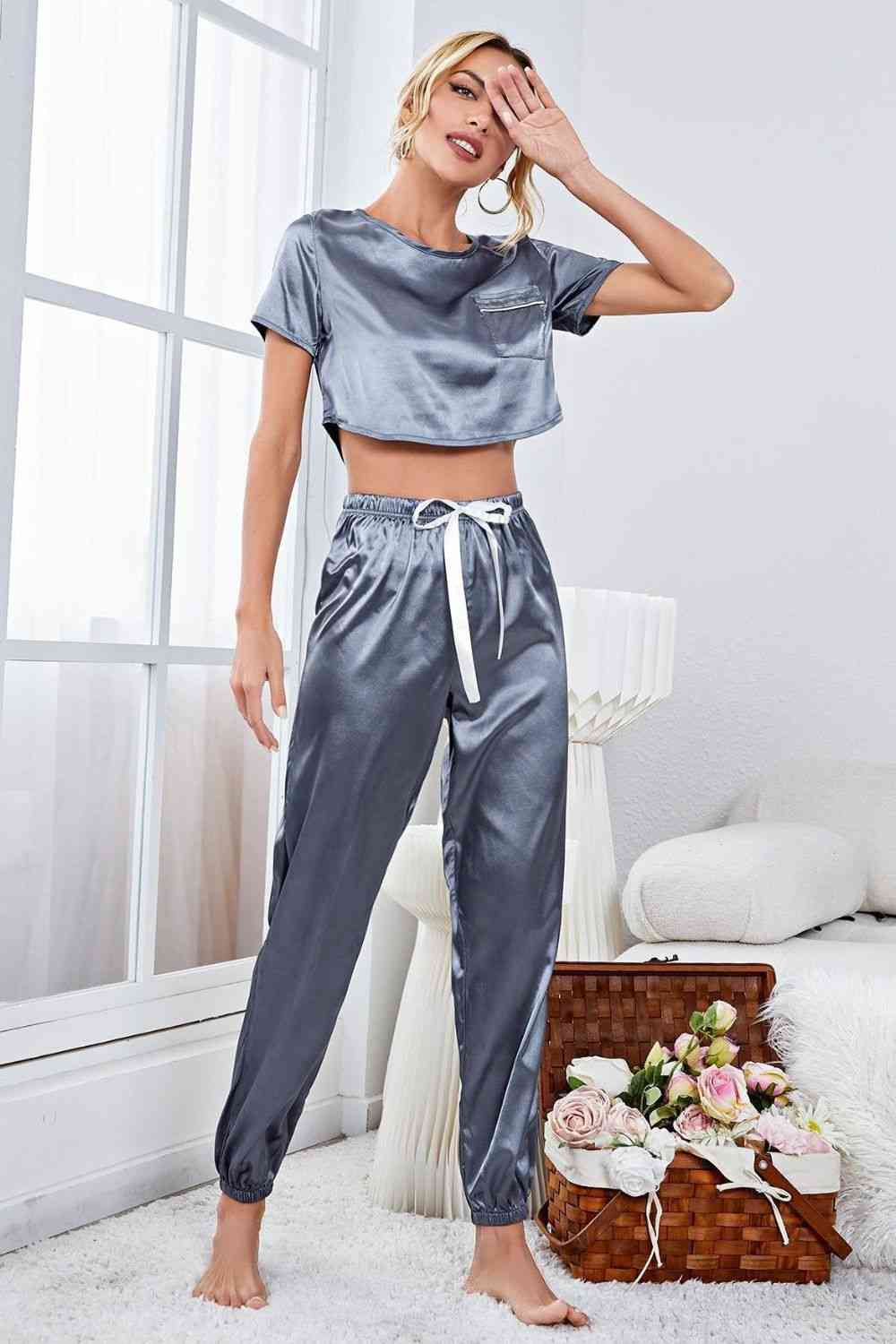 Women Satin Short Sleeve Crop Top and Joggers Lounge Set nicholesgifts