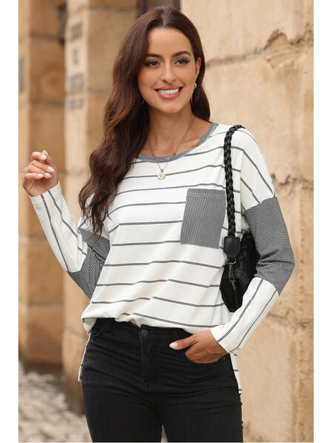 Women Pocketed Striped Round Neck T-Shirt nicholesgifts