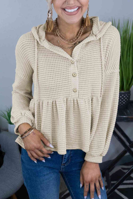 Full Size Women Buttoned Waffle-Knit Dropped Shoulder Hoodie