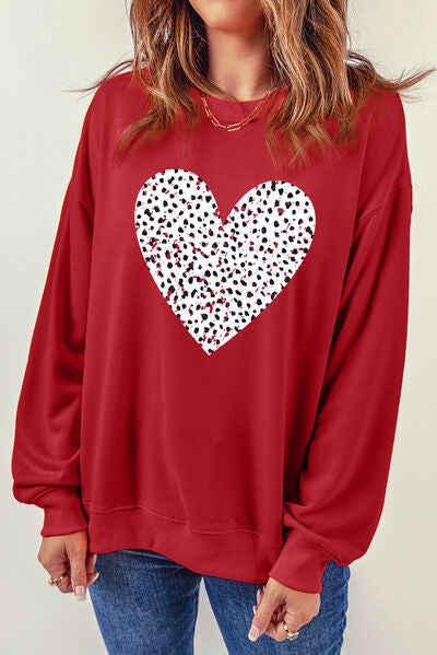 Women Heart Round Neck Dropped Shoulder Valentine's Day Sweatshirt nicholesgifts